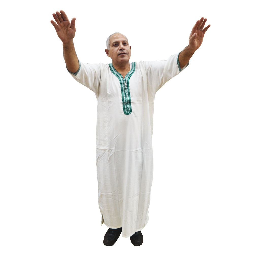 Chilabas para hombre: Chilaba djellaba marroquí blanca bordado verde